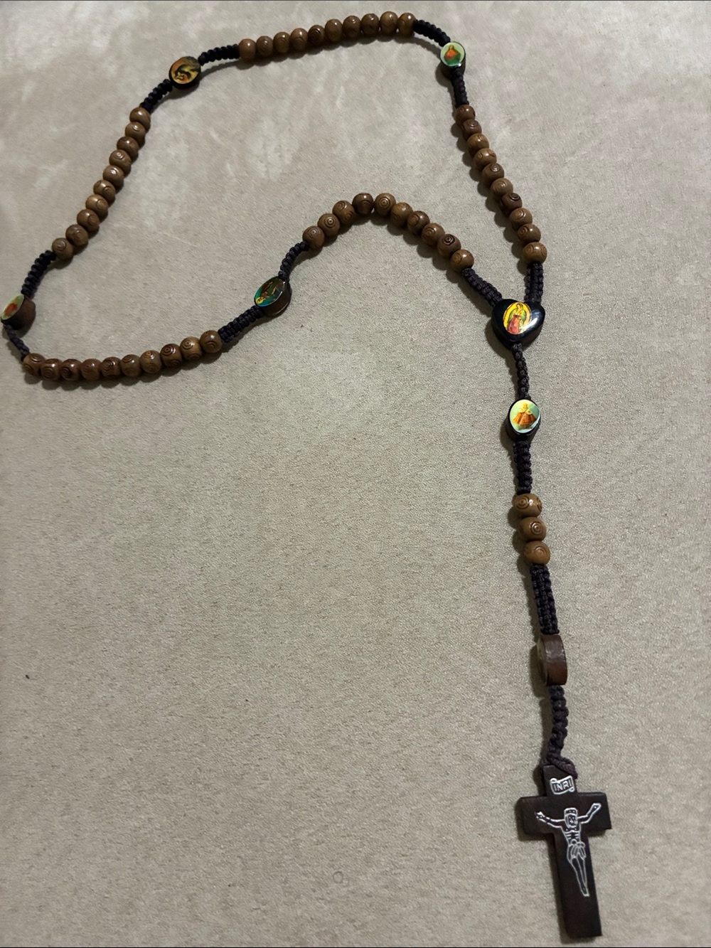Brown Wooden Rosary Necklace with Black Cord and Crucifix